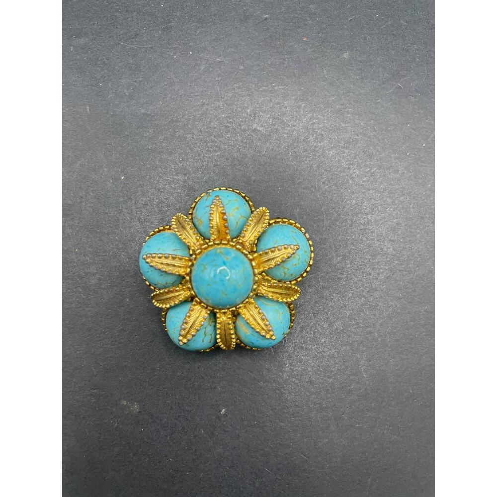 Vintage Cathe Gold Tone Faux Turquoise Cabochon Flower Brooch Pin USA Made - Picture 7 of 11